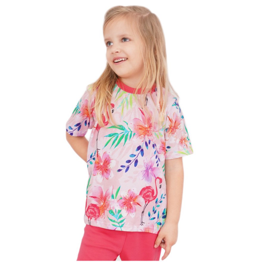 PIŻAMA letnia malinowa KOLOROWE KWIATY FLAMINGI 684 krótki rękaw