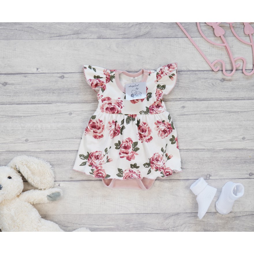 BODY SUKIENKA pudrowa w róże na ecru w. 368r krótki ozdobny rękaw
