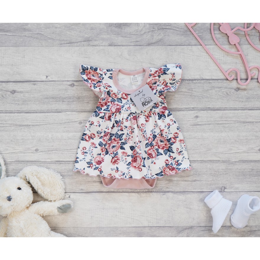 BODY SUKIENKA pudrowa w kwiaty na ecru ciemne liście w. 373r kr