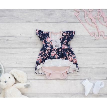 BODY SUKIENKA pudrowa w kwiaty na granacie w. 373g krótki rękaw