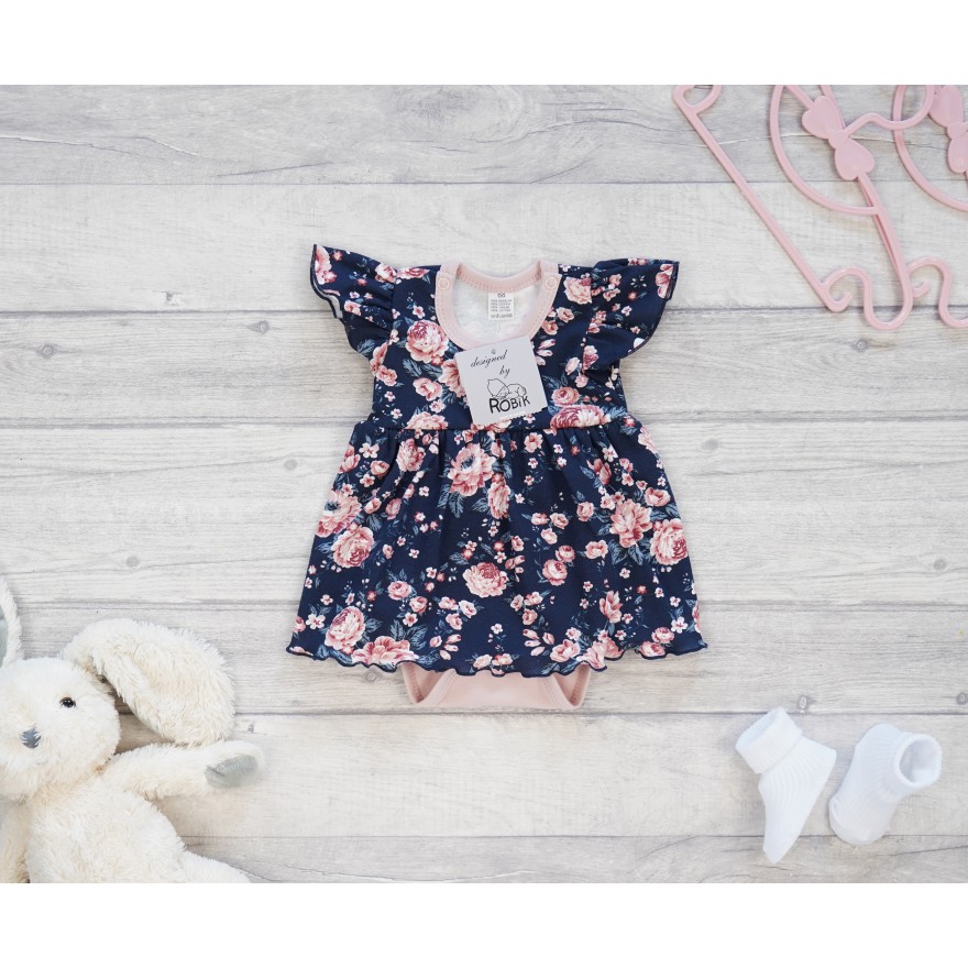 BODY SUKIENKA pudrowa w kwiaty na granacie w. 373g krótki rękaw