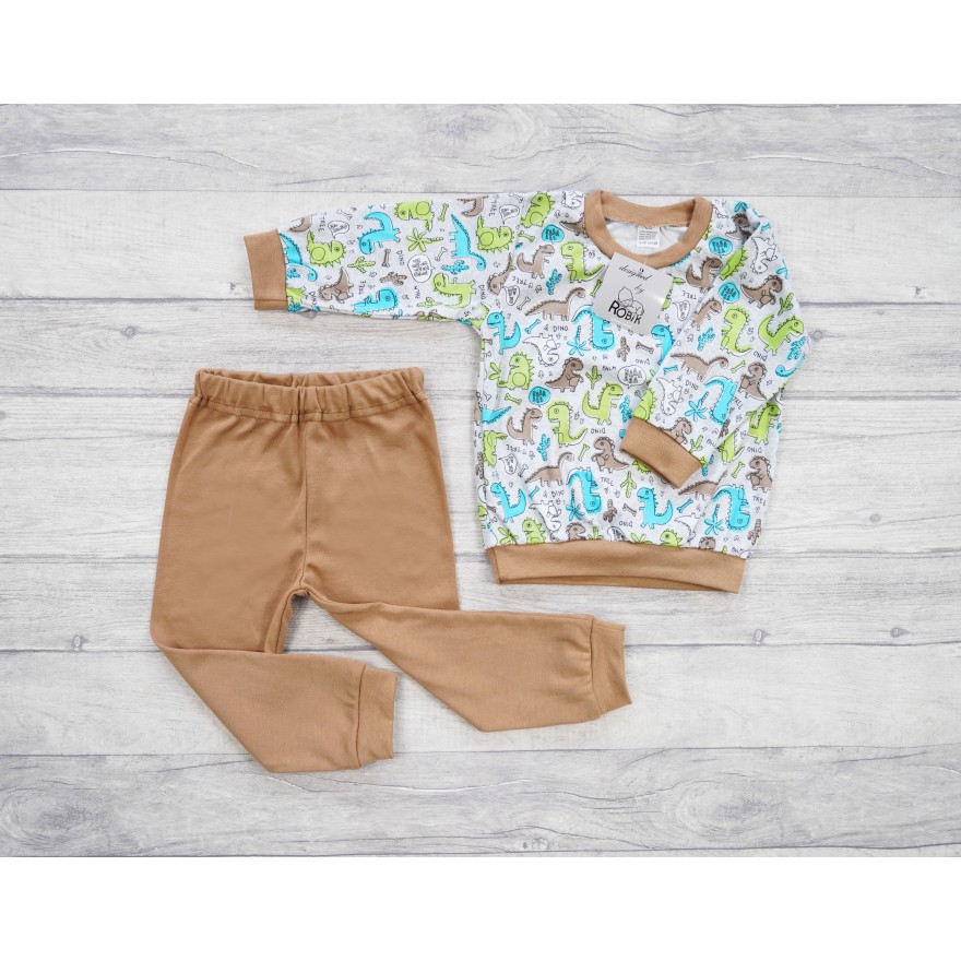 Brązowa PIŻAMA w dinozaury dino długi rękaw wzór 371br