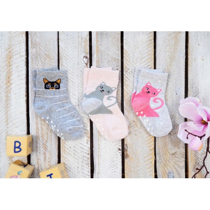 3PAK SKARPETKI KOTY skarpety dziewczęce z ABS D-32