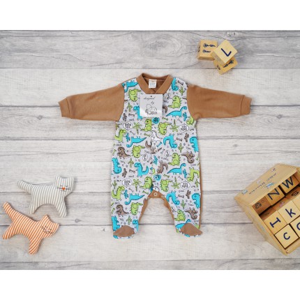 Pajac pajacyk bawełniany brązowy w dinozaury dino wzór 371br