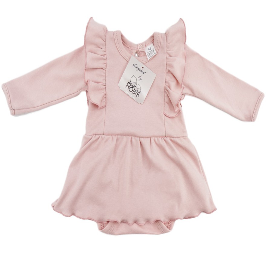 Pudrowy róż BODY SUKIENKA gładka z ozdobnym długim rękawem