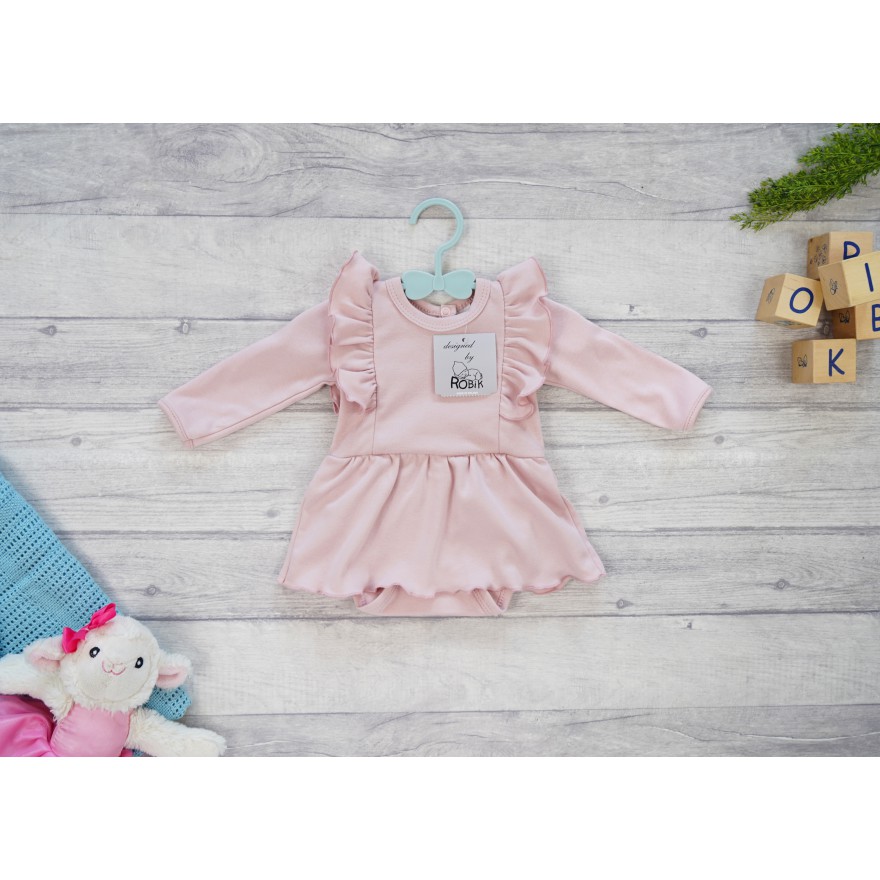 Pudrowy róż BODY SUKIENKA gładka z ozdobnym długim rękawem