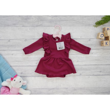 Bordowa BODY SUKIENKA gładka z ozdobnym długim rękawem