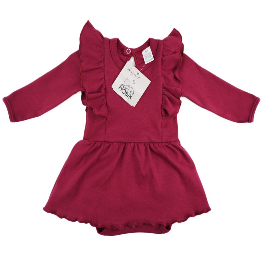 Bordowa BODY SUKIENKA gładka z ozdobnym długim rękawem