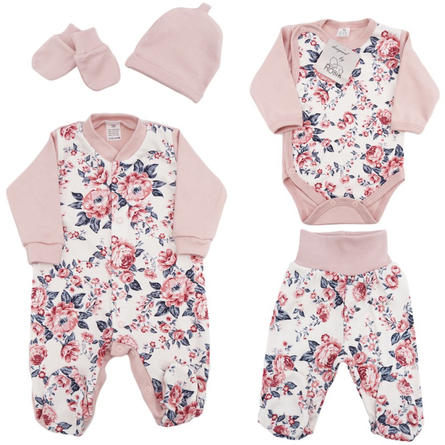 WYPRAWKA dla wcześniaka do szpitala 5 części pudrowa kwiaty ciemne liście 373r