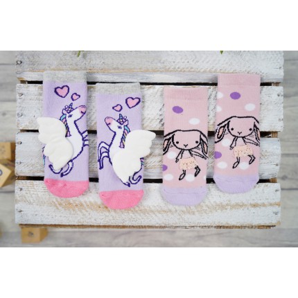 2 PAK SKARPETKI JEDNOROŻEC fiolet skarpety dziewczęce z silikonem D-37