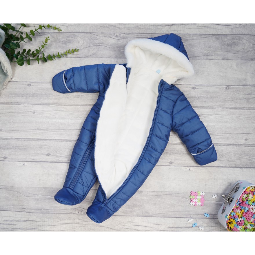 Granatowy KOMBINEZON w kropeczki pikowany na futerku 2 suwaki ZIMA