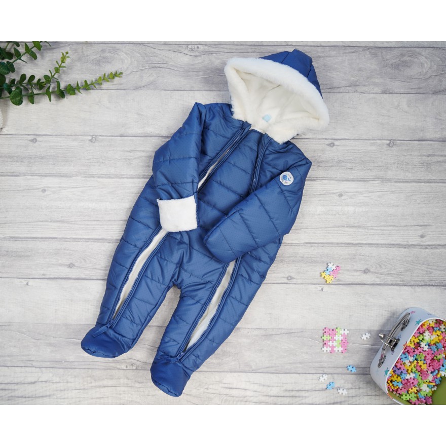 Granatowy KOMBINEZON w kropeczki pikowany na futerku 2 suwaki ZIMA