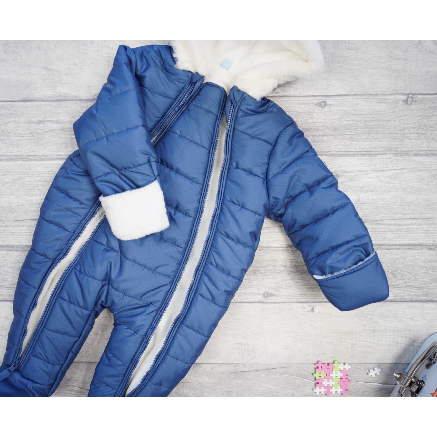 Granatowy KOMBINEZON w kropeczki pikowany na futerku 2 suwaki ZIMA