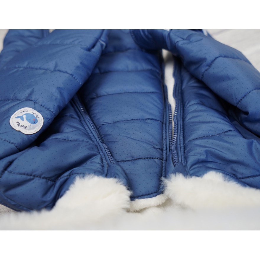 Granatowy KOMBINEZON w kropeczki pikowany na futerku 2 suwaki ZIMA