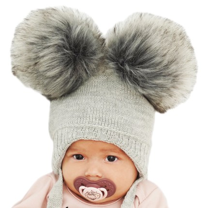 Szara czapka zimowa "2 PUCHATE POMPONY" 62 68