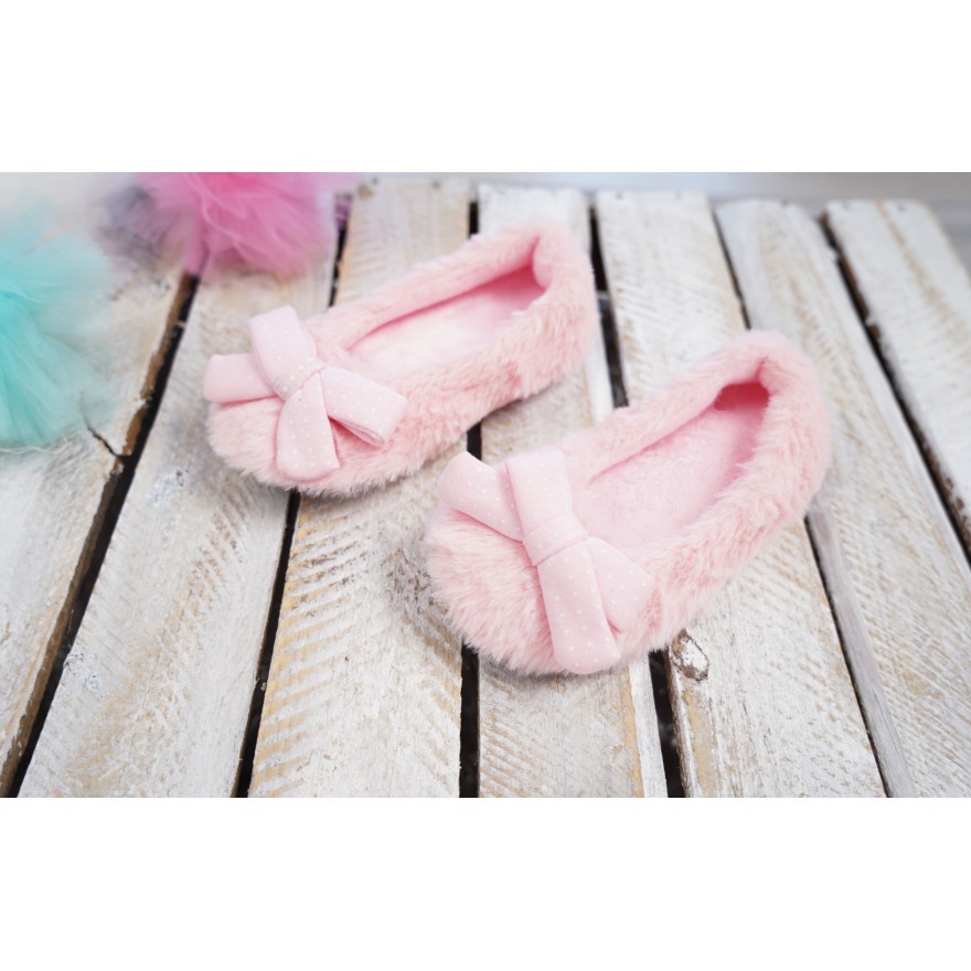 Różowe KAPCIE BALERINY z kokardą ciepłe miękkie ciapy