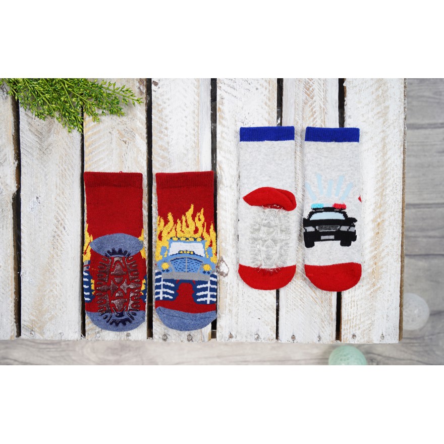 2PAK SKARPETKI frotte 3D skarpety chłopięce z silikonem płomienie C-38