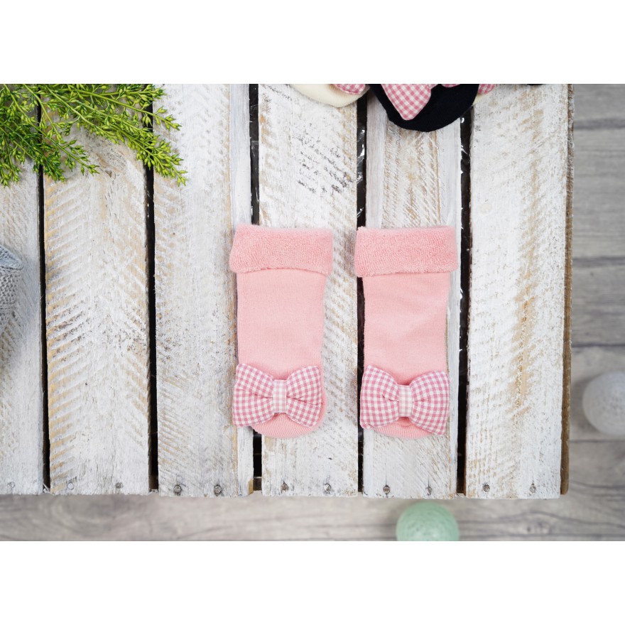 Różowe SKARPETY frotte 3D dziewczęce skarpetki z kokardą