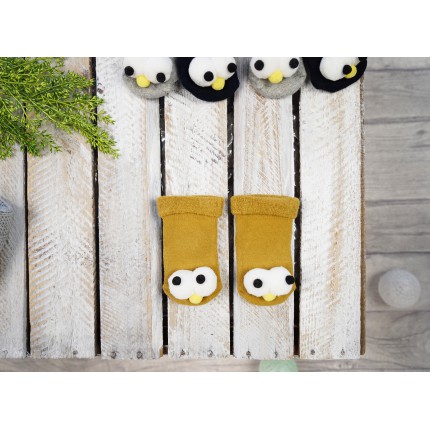 Musztardowe SKARPETY frotte 3D niemowlęce skarpetki z oczami i noskiem