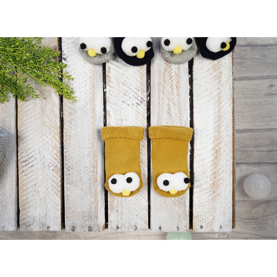 Musztardowe SKARPETY frotte 3D niemowlęce skarpetki z oczami i noskiem