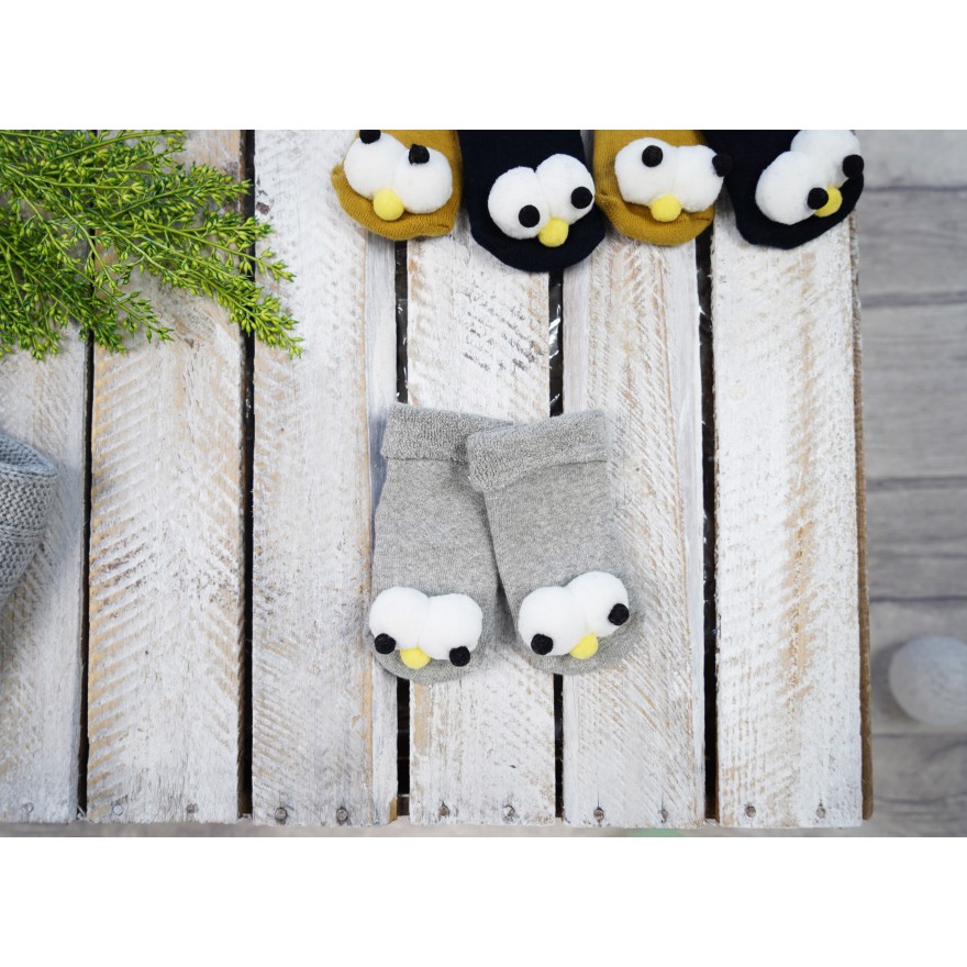 Szare SKARPETY frotte 3D niemowlęce skarpetki z oczami i noskiem