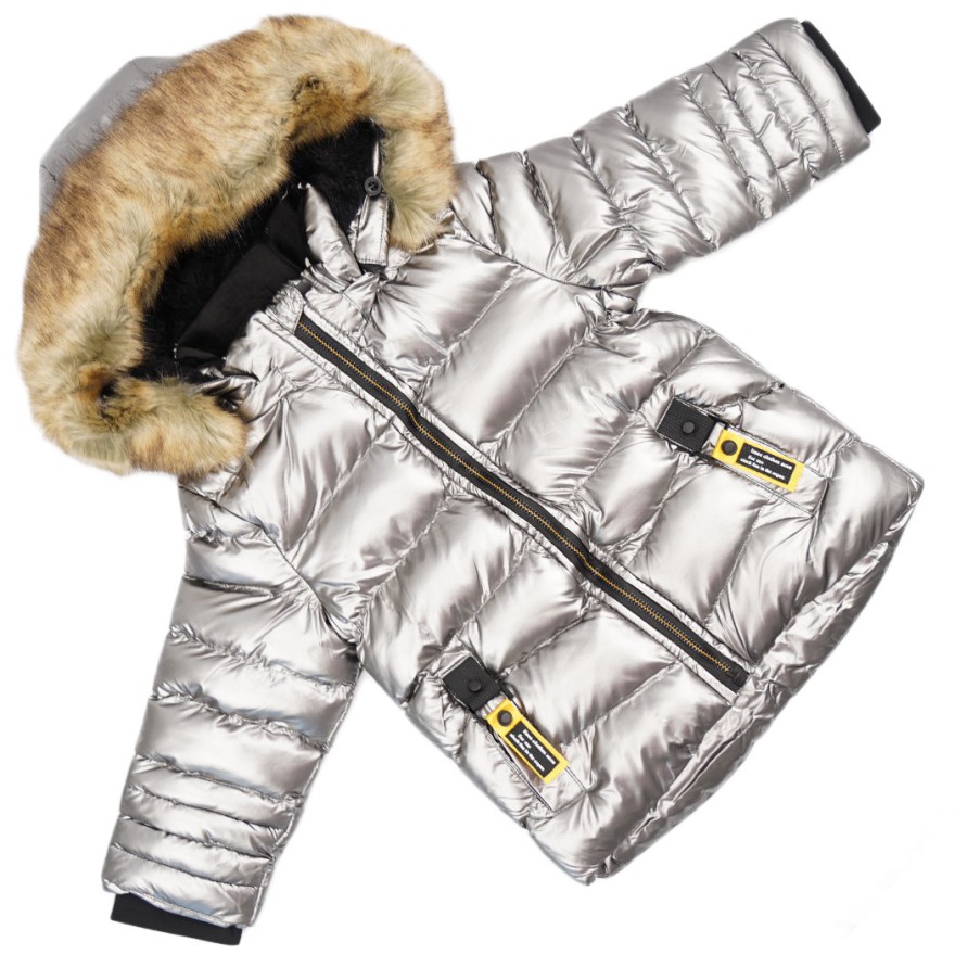 Srebrna KURTKA METALIK  pikowana na futerku ZIMA