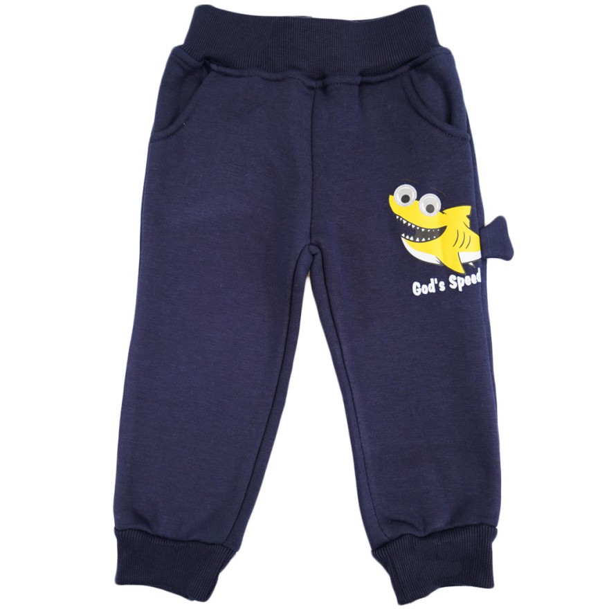 Granatowe SPODNIE ocieplane żółty REKIN chłopięce spodenki dresowe