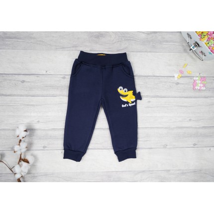Granatowe SPODNIE ocieplane żółty REKIN chłopięce spodenki dresowe