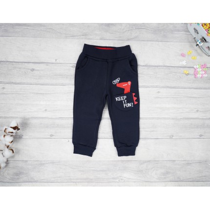 Granatowe SPODNIE ocieplane czerwony DINO chłopięce spodenki dresowe