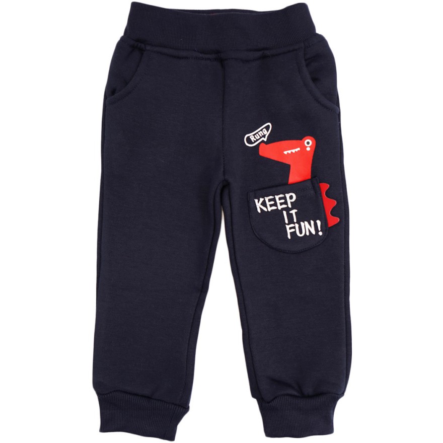 Granatowe SPODNIE ocieplane czerwony DINO chłopięce spodenki dresowe