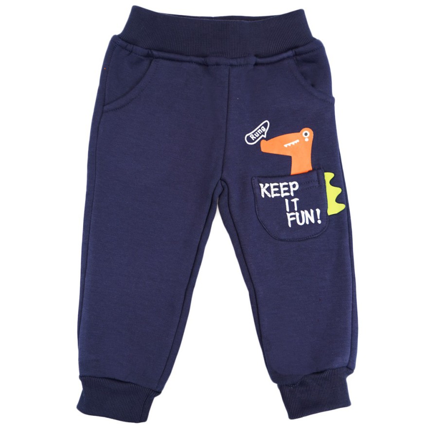 Granatowe SPODNIE ocieplane pomarańczowy DINO chłopięce spodenki dresowe