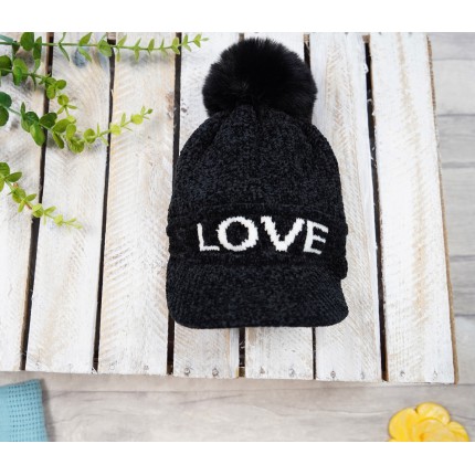 Czarna CZAPKA LOVE z daszkiem i pomponem zimowa JULA