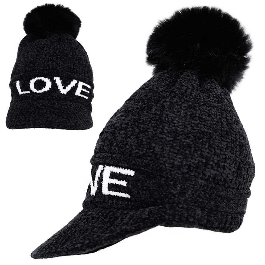 Czarna CZAPKA LOVE z daszkiem i pomponem zimowa JULA