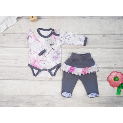 Grafitowy komplet 2cz NADIA body + półśpiochy z falbanką w kwiaty