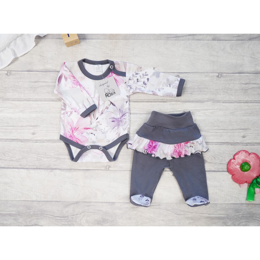 Grafitowy komplet 2cz NADIA body + półśpiochy z falbanką w kwiaty