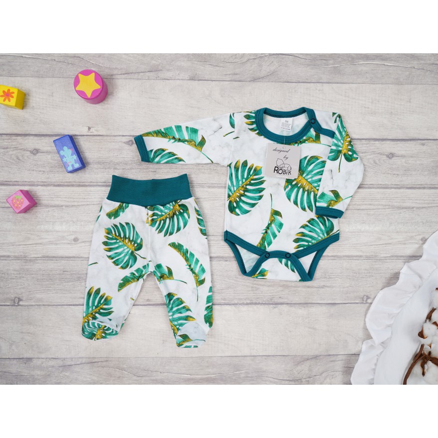 Komplet 2cz body + półśpiochy butelkowy wz. zielone liście