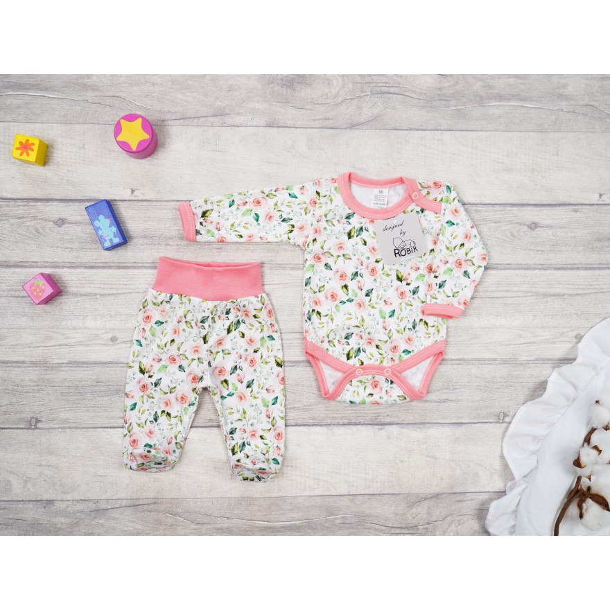 Komplet 2cz body + półśpiochy róż wz. róże zielone liście WCZEŚNIAK