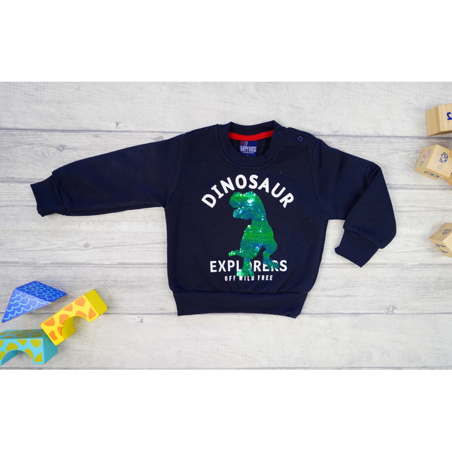 Granatowa BLUZA chłopięca dresowa DINOSAUR z cekinami