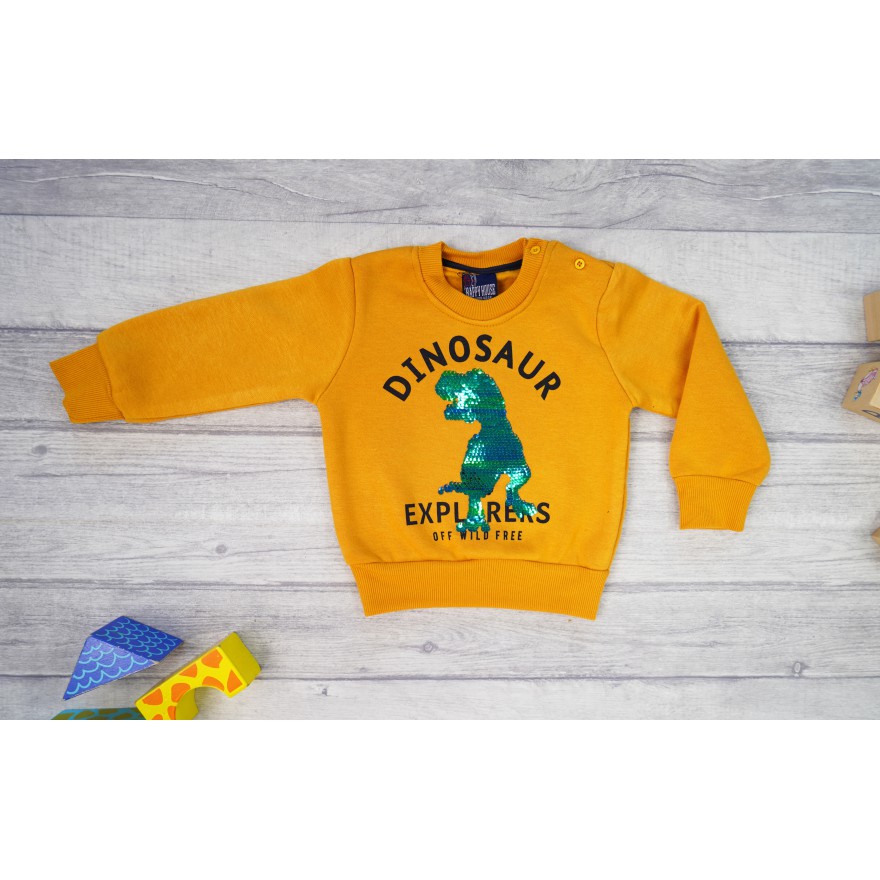 Musztardowa BLUZA chłopięca dresowa DINOSAUR z cekinami
