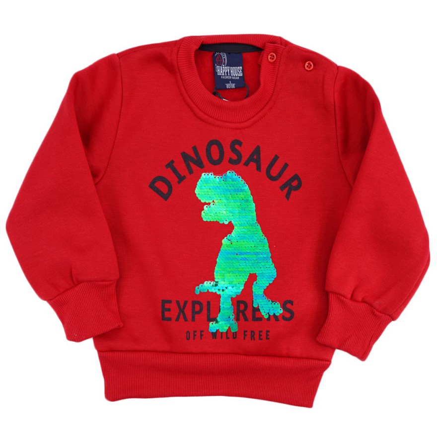 Czerwona BLUZA chłopięca dresowa DINOSAUR z cekinami