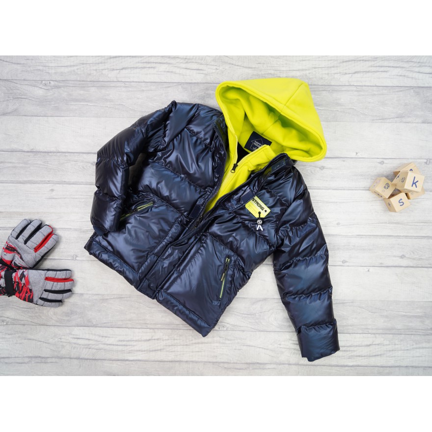 Granatowa KURTKA metalik STRONG neonowy kaptur na futerku ZIMA