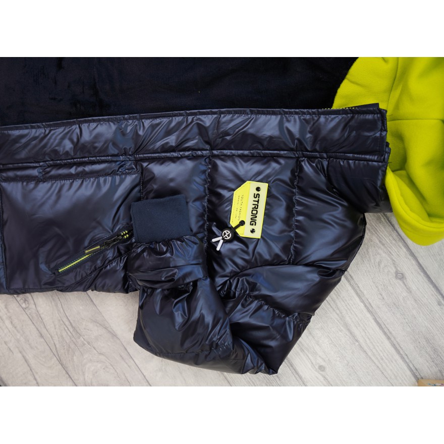 Granatowa KURTKA metalik STRONG neonowy kaptur na futerku ZIMA