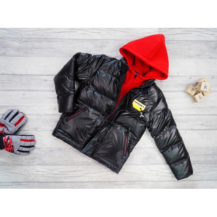 Czarna KURTKA metalik STRONG czerwony kaptur na futerku ZIMA