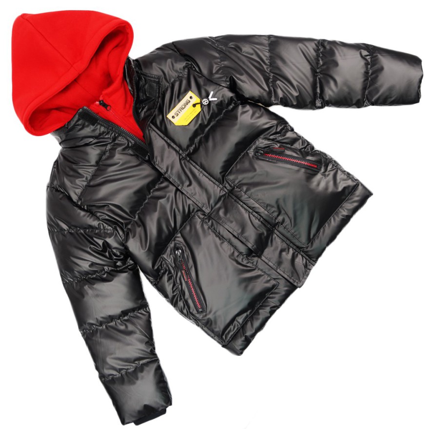 Czarna KURTKA metalik STRONG czerwony kaptur na futerku ZIMA