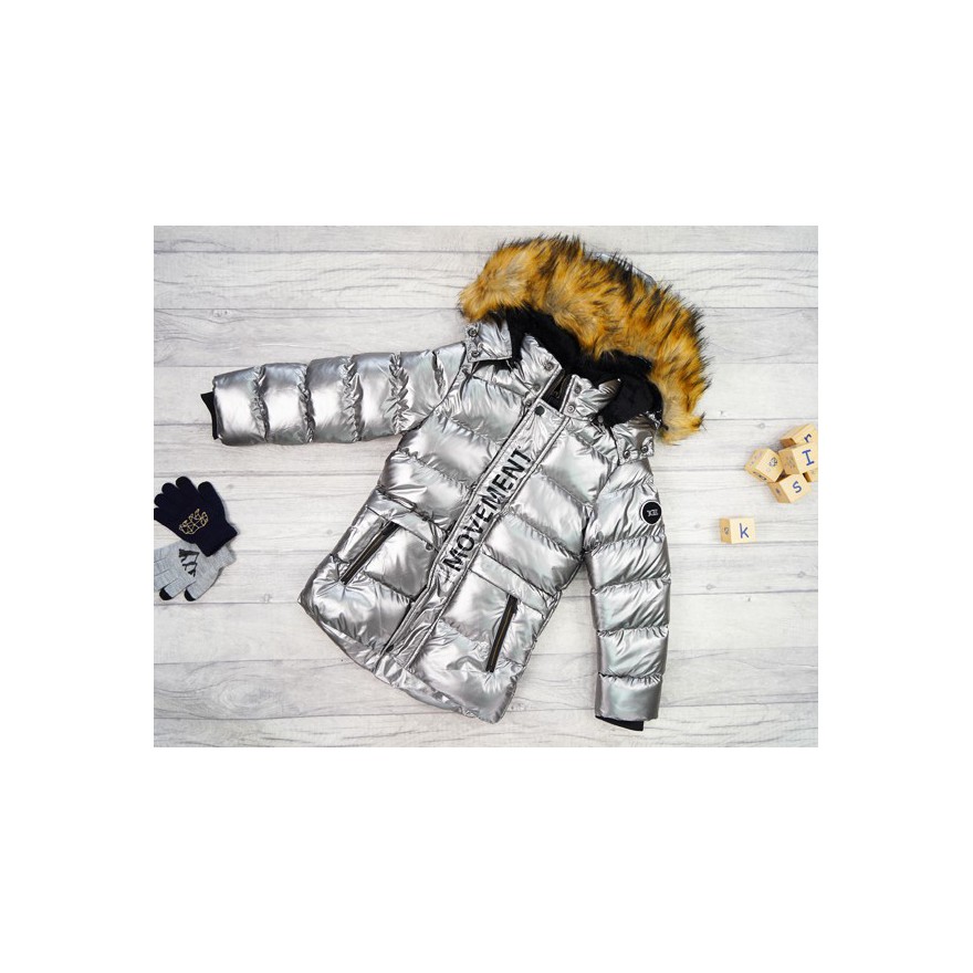 Srebrna KURTKA metalik MOVEMENT pikowana na futerku ZIMA