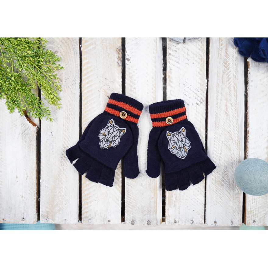 Granatowe rękawiczki chłopięce WILK z kapturkiem RK-20