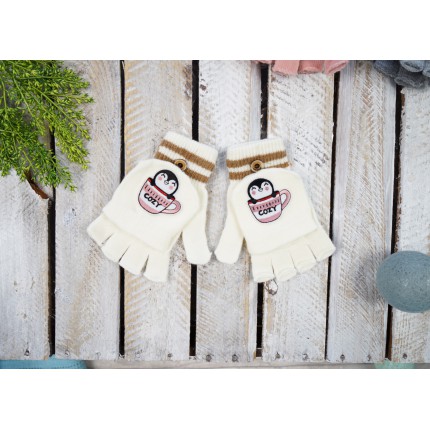 Ecru rękawiczki dziewczęce PINGWIN z kapturkiem RK-22