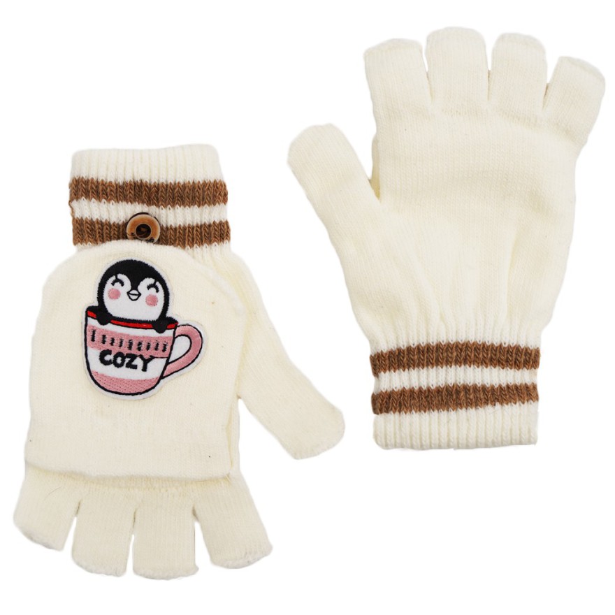 Ecru rękawiczki dziewczęce PINGWIN z kapturkiem RK-22