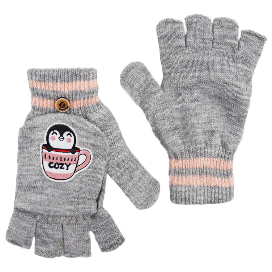Szare rękawiczki dziewczęce PINGWIN z kapturkiem RK-24
