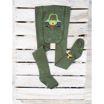 RAJSTOPY z ABS khaki z zielonym traktorem wzór 478